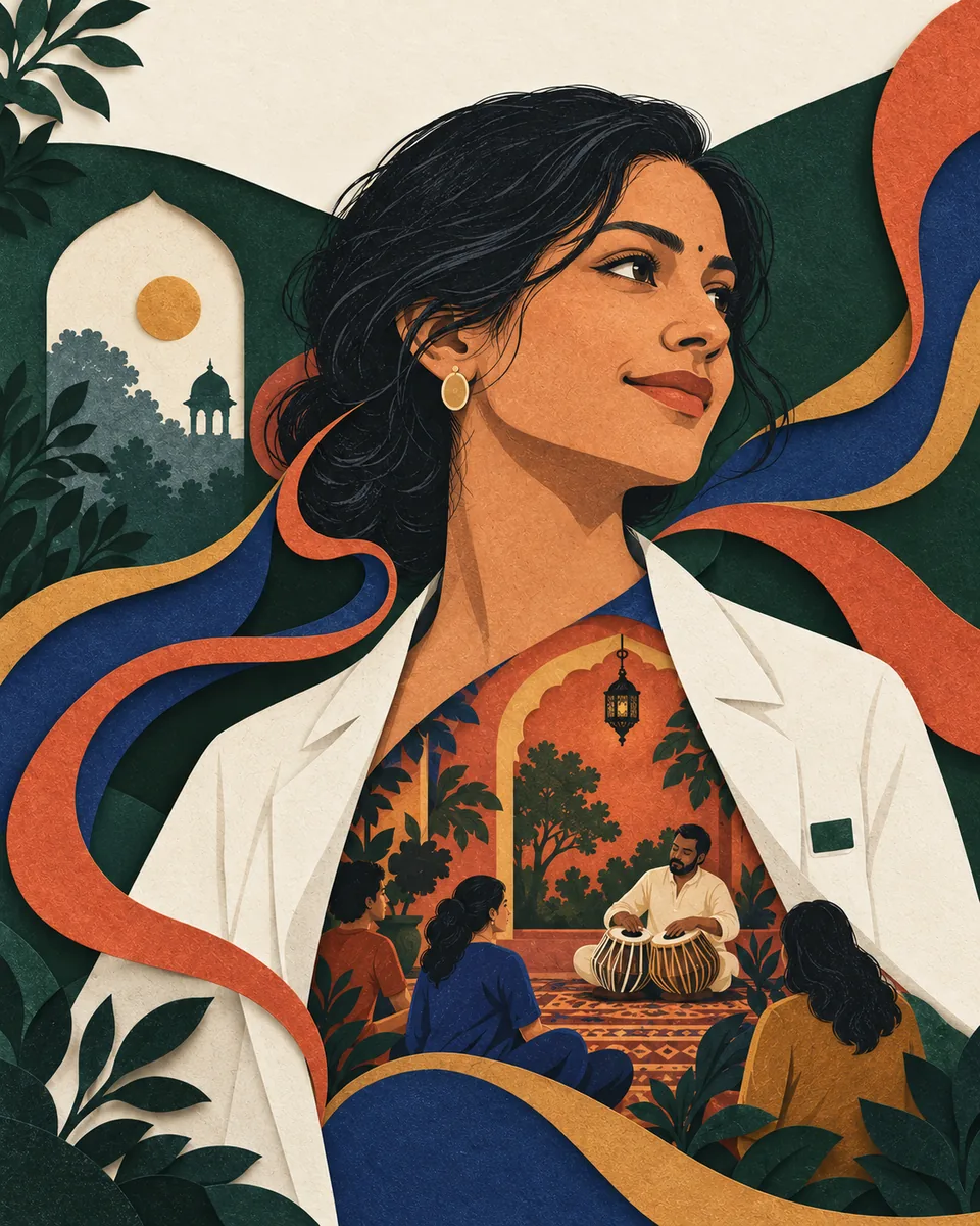 Illustration of a healthcare professional with a shared listening scene within her coat
