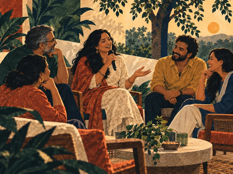 Concept illustration of adult peers sharing conversation and a microphone