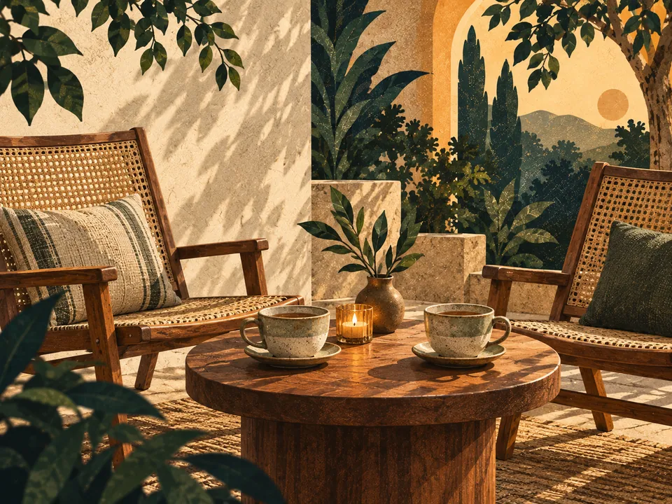 Concept illustration of cups and a candle on a table between chairs